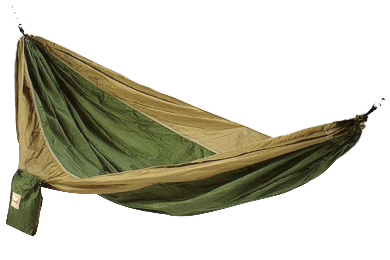 A tan and green Hammaka Lightweight Parachute Silk 2-Person Hammock shown suspended from a tree