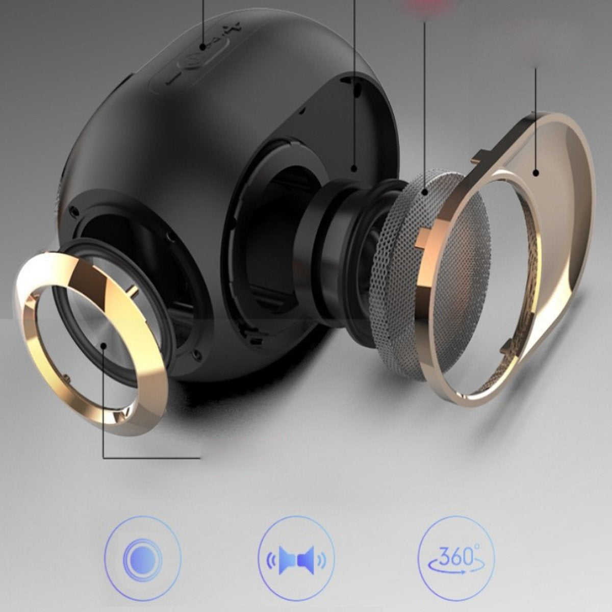 Shows the Olden Golden Bluetooth Speaker in exploded view showing all inner components of itself