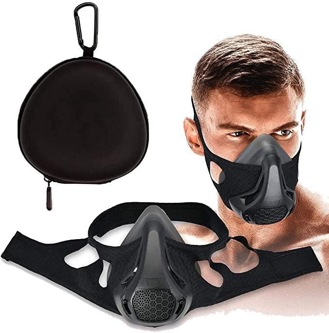 Shows off inner workings of the Premium Cardio Workout Sports Mask and a male model wearing it and the shows the included carrying case