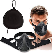 Thumbnail for Shows off inner workings of the Premium Cardio Workout Sports Mask and a male model wearing it and the shows the included carrying case