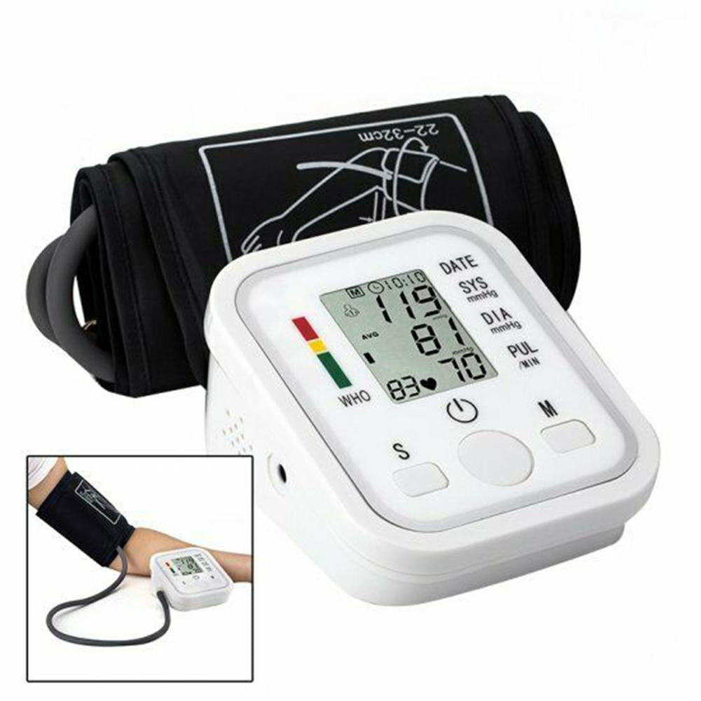 An Automatic Arm Digital Blood Pressure Monitor shown in white with a rolled up black arm pressure cuff sitting behind it and a model in a pic below using the monitor