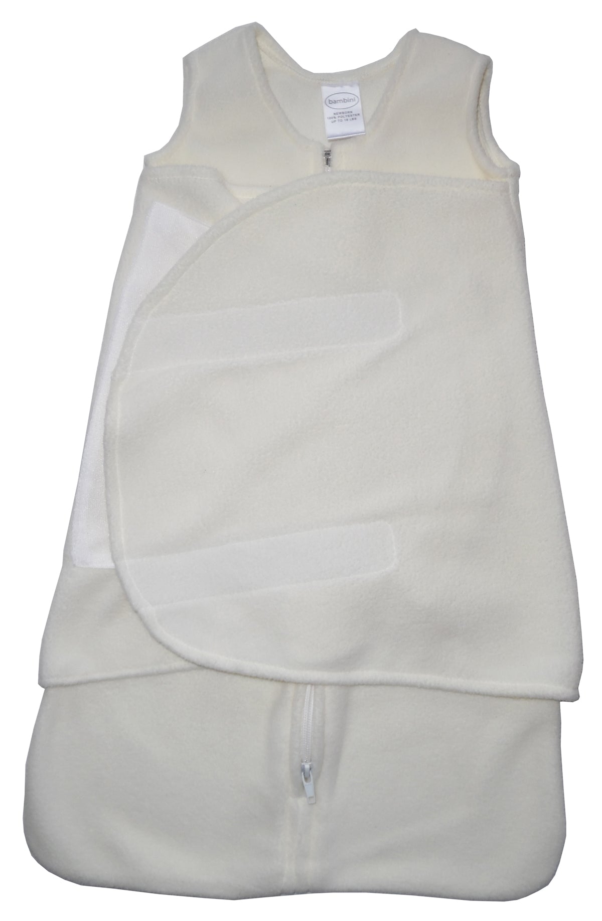 A white Fleece Swaddle Blanket shown with a zippered front