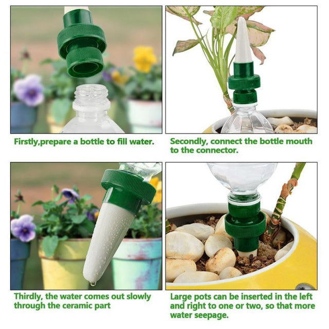 Photo showing various pieces of the 4Pc Plant Self Waterer Device and giving instructions on how to proprerly use