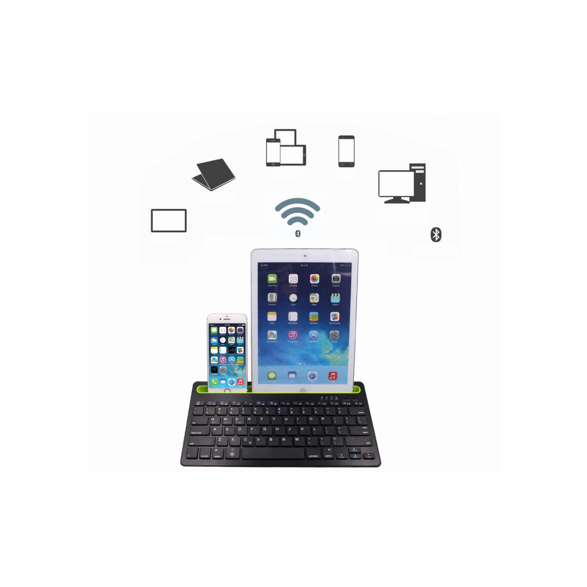 Shows various features of the Multi-Task Master Of All Bluetooth Keyboard