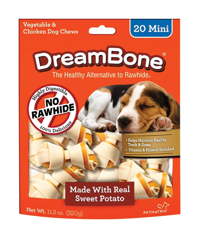 A pack of Dreambone Chicken & Sweet Potato Dog Chews 24 count orange bag with a brown and white dog with the words Dream Bone The healthy alternative to Rawhide No Rawhide 100 percent delicious