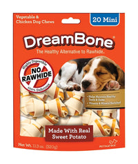 Thumbnail for A pack of Dreambone Chicken & Sweet Potato Dog Chews 24 count orange bag with a brown and white dog with the words Dream Bone The healthy alternative to Rawhide No Rawhide 100 percent delicious