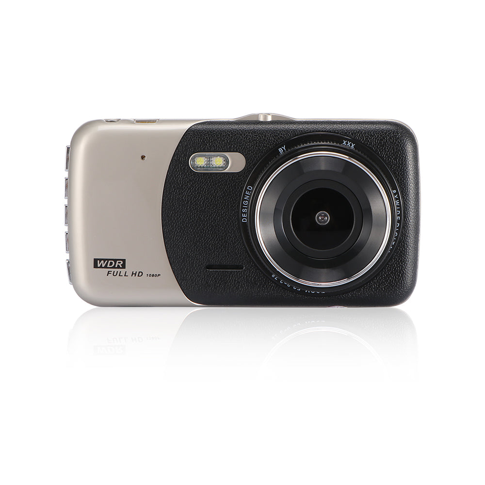 A closeup of a 4" Dual Lens 1080P FHD 1.0MP Dash Camera in black and gold 