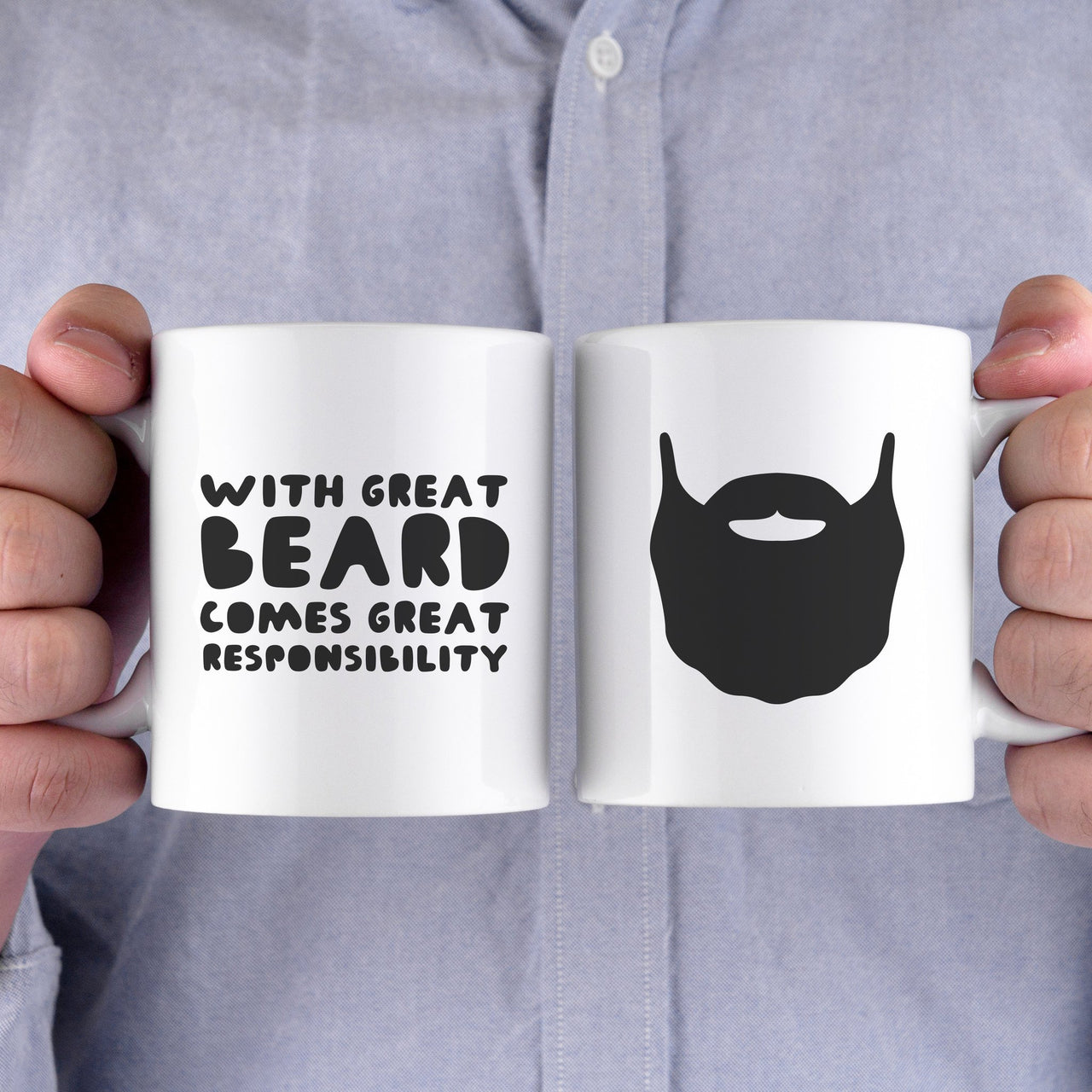 A white Great Beard & Responsibility Mug with the words With Great Beard Comes great responsibility in black