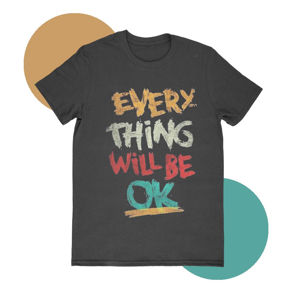 A black Everything will be Ok T-shirt words on the front are in yellow white red green respectively