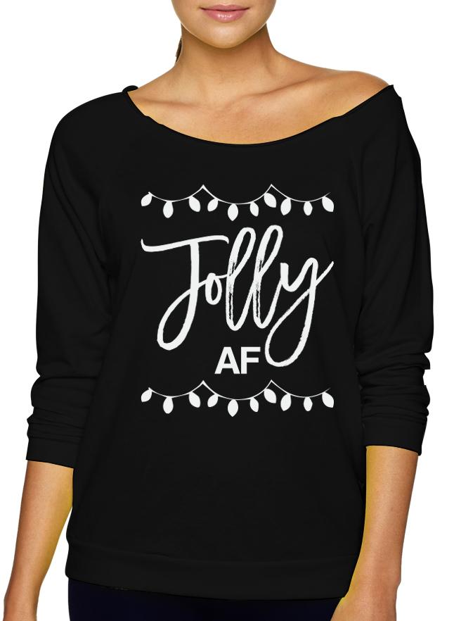 A female model shown wearing a black and white Jolly AF Slouchy Christmas Sweatshirt