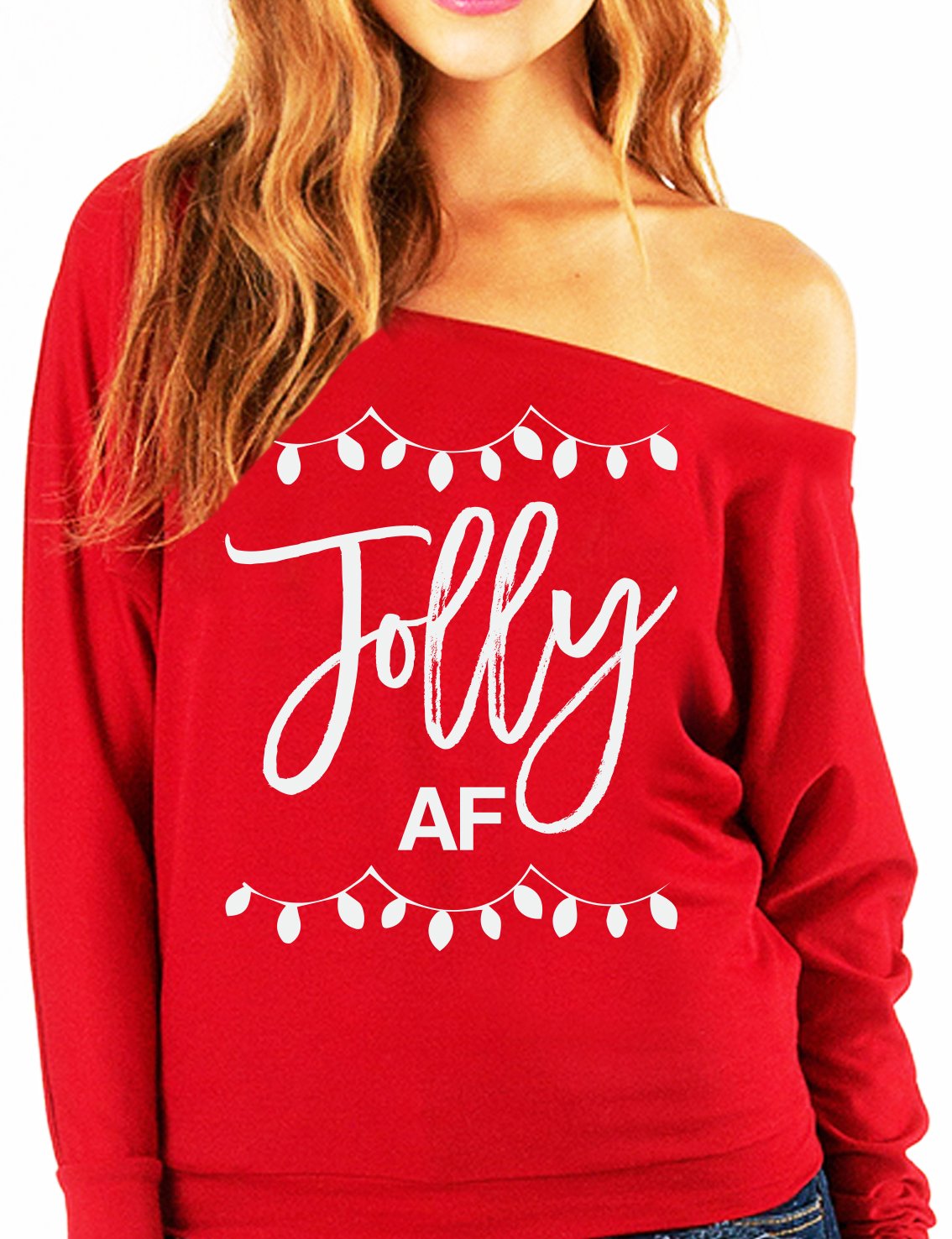 A female model shown wearing a red and white Jolly AF Slouchy Christmas Sweatshirt