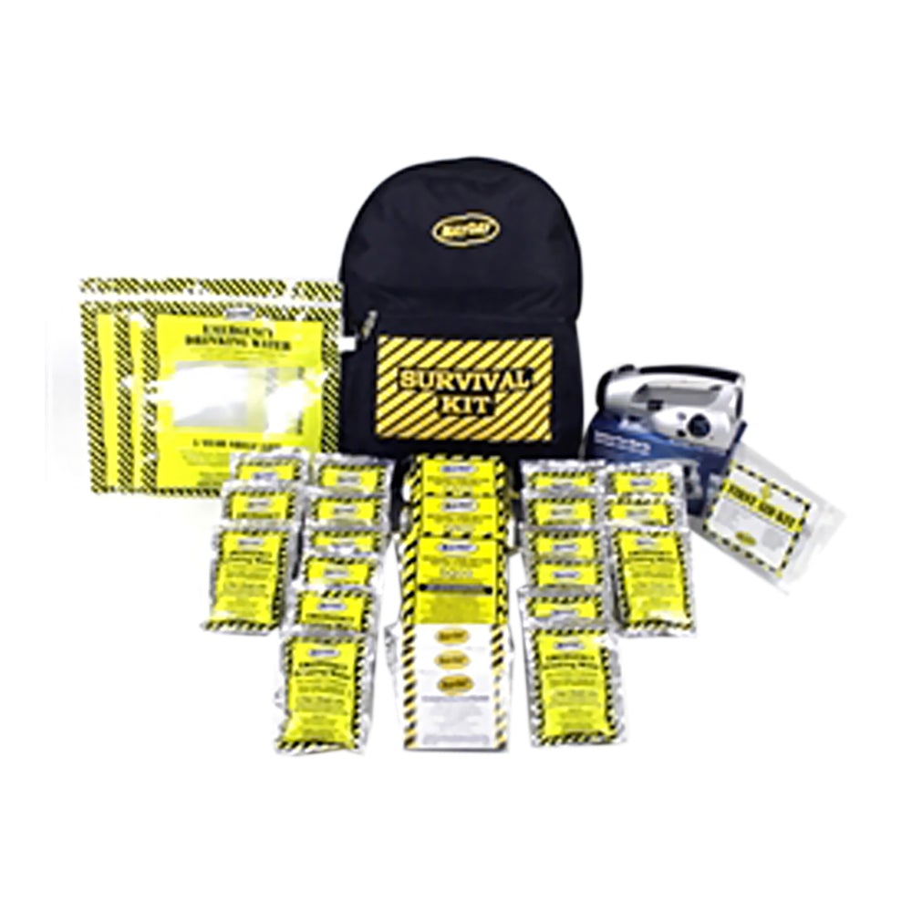 3-person Emergency black and yellow Survival Backpack Kit shown in exploded view with 20 plus food packets shown along with various other items