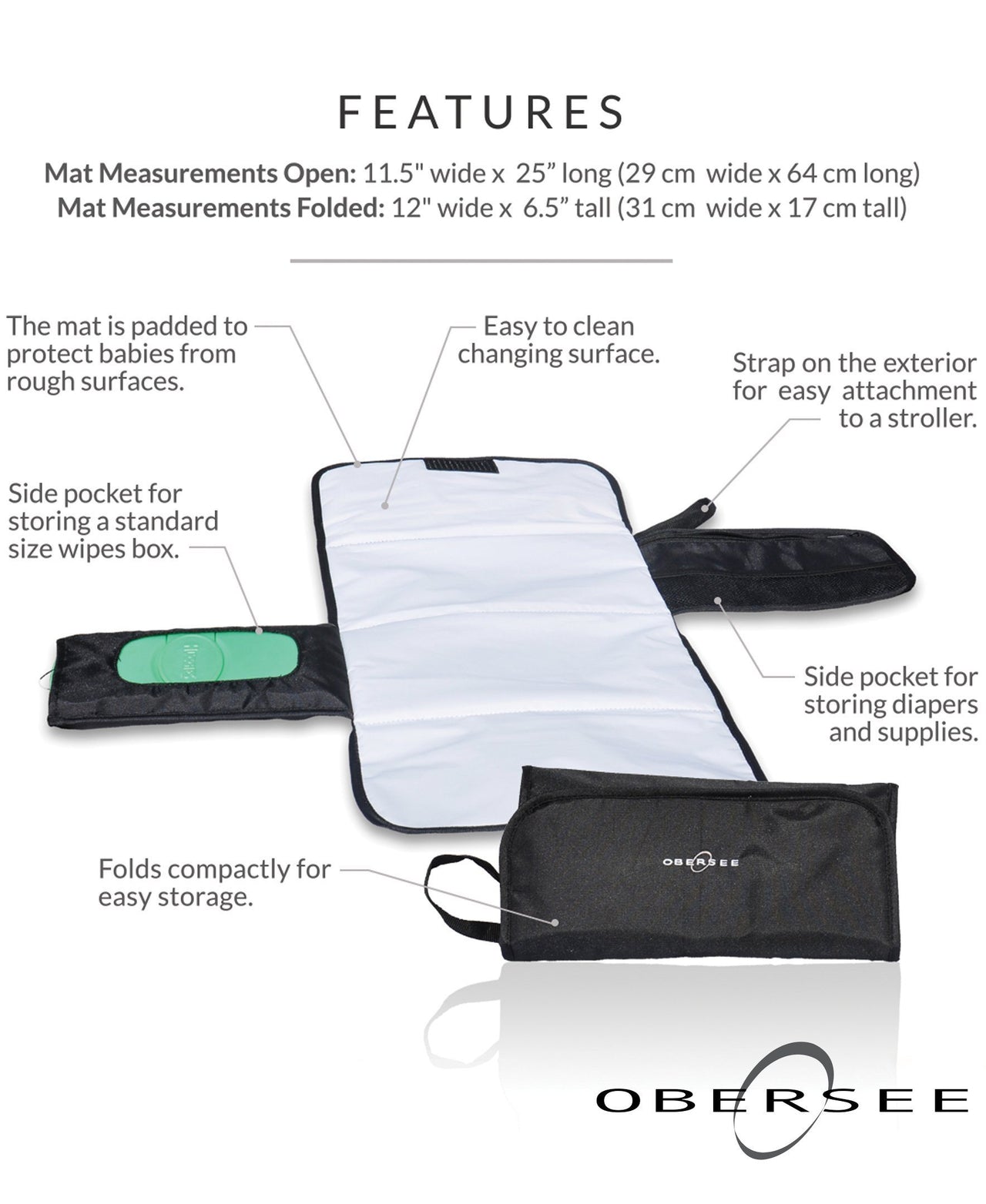 Shows a Obersee Voila Compact Changing Mat with all specs explained and all dimensions listed