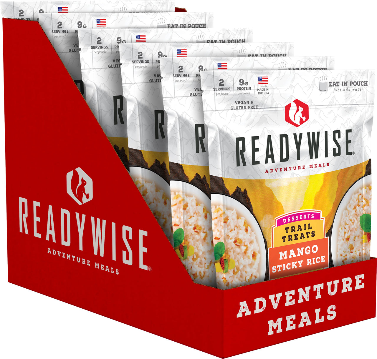 A case containing 6 Trail Treats Mango Sticky Rice meals in red and white color