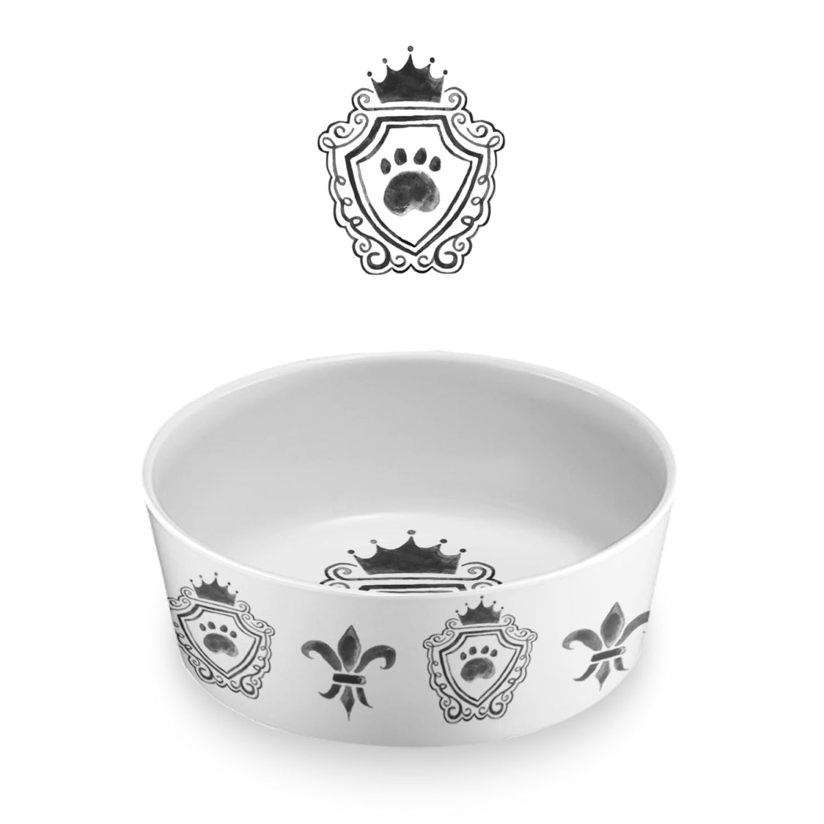 A 3 cup 6 x 2.2 in. Melamine Couture Pet Bowl shown in black and white with crowns and paw prints on the bowl