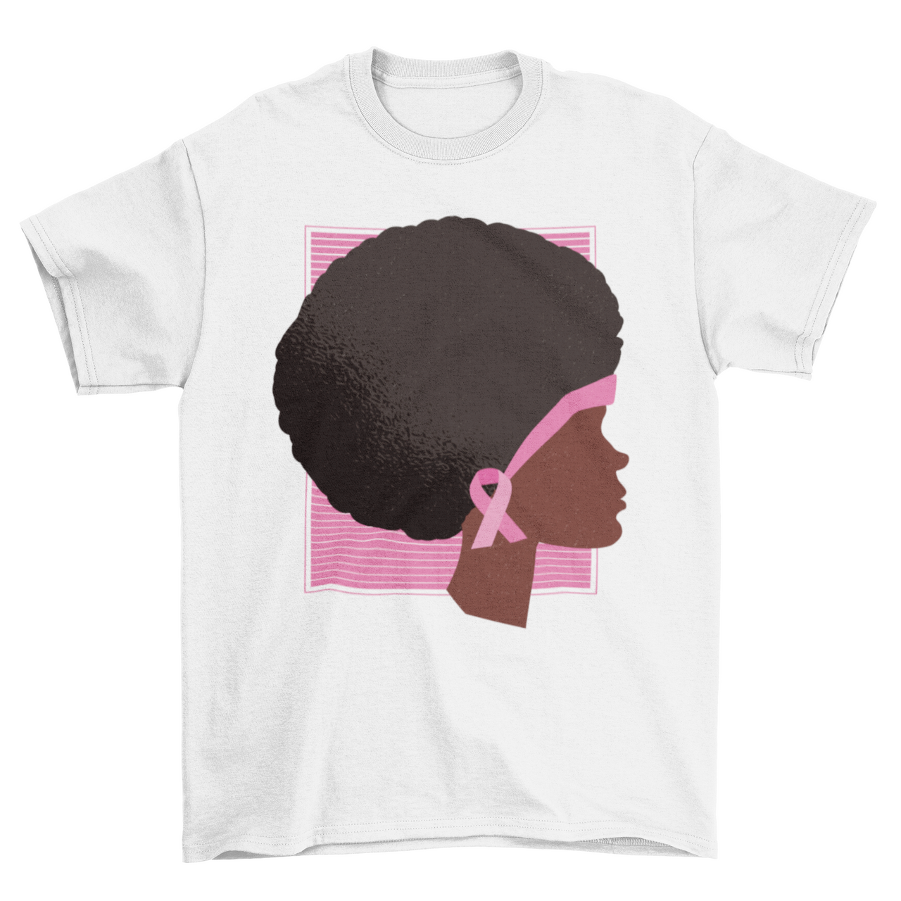 A pink white Afro Breast Cancer Awareness T-shirt sitting on a white table