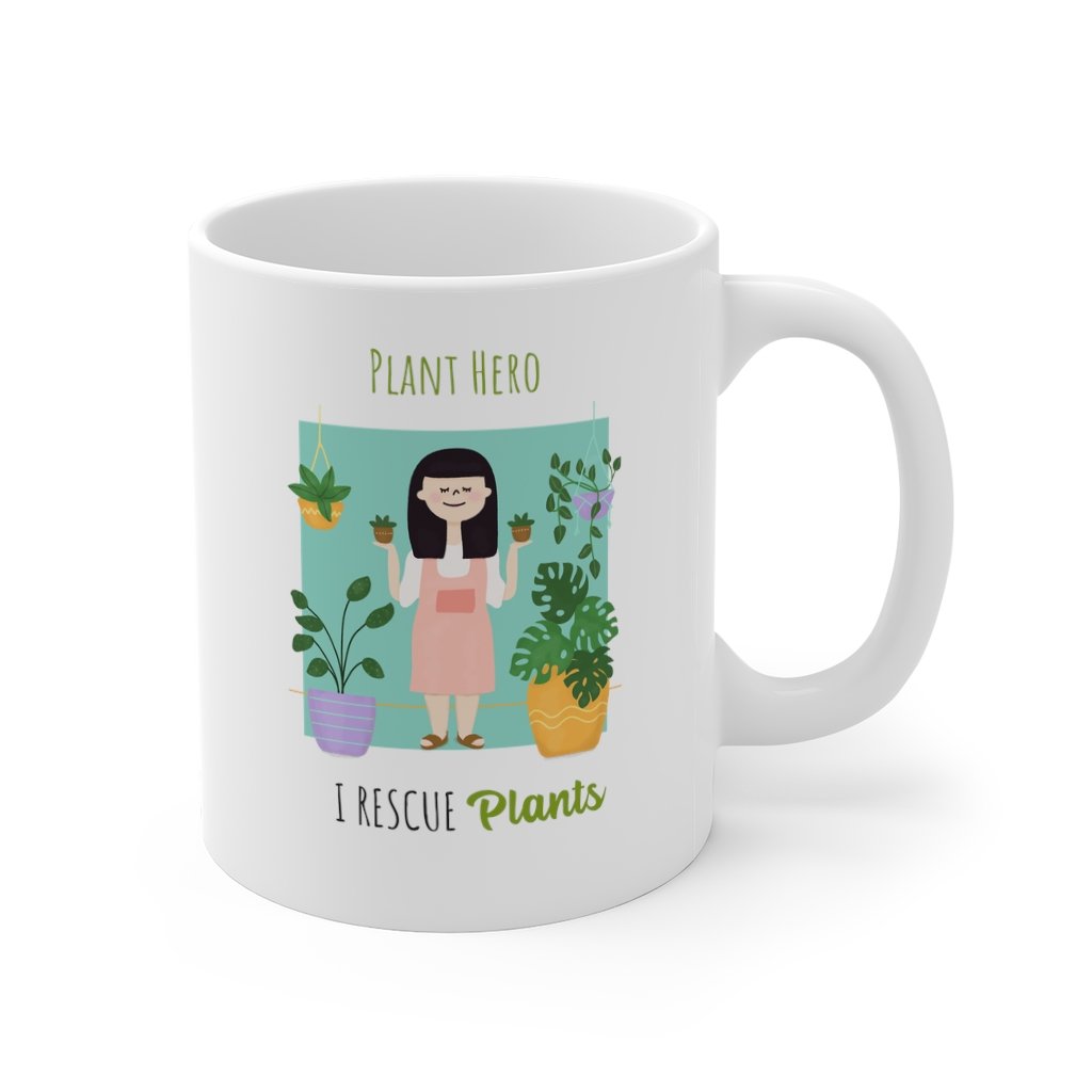 A Plant Hero - I Rescue Plants Mug with the word plant hero i rescue plants on the front shows in green a female holding two plants and also surrounded by plants Mug is white