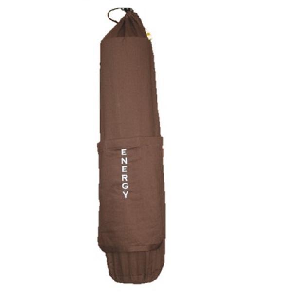 A brown OMSutra Slogan Mat Bag with white word Energy embroidered into it