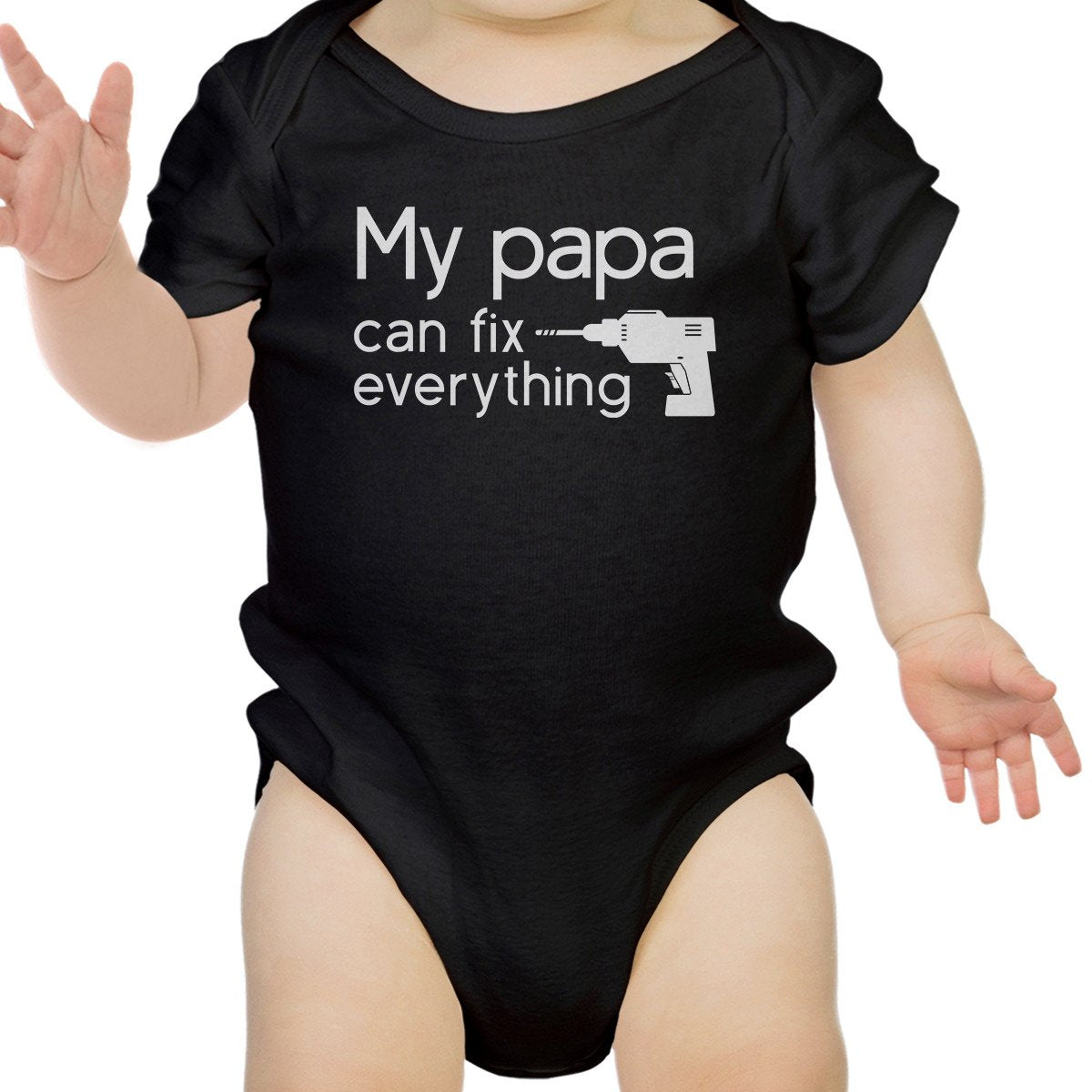 Shows an infant wearing the My Papa Fix Black Cute Baby Onesie Unique Fathers 