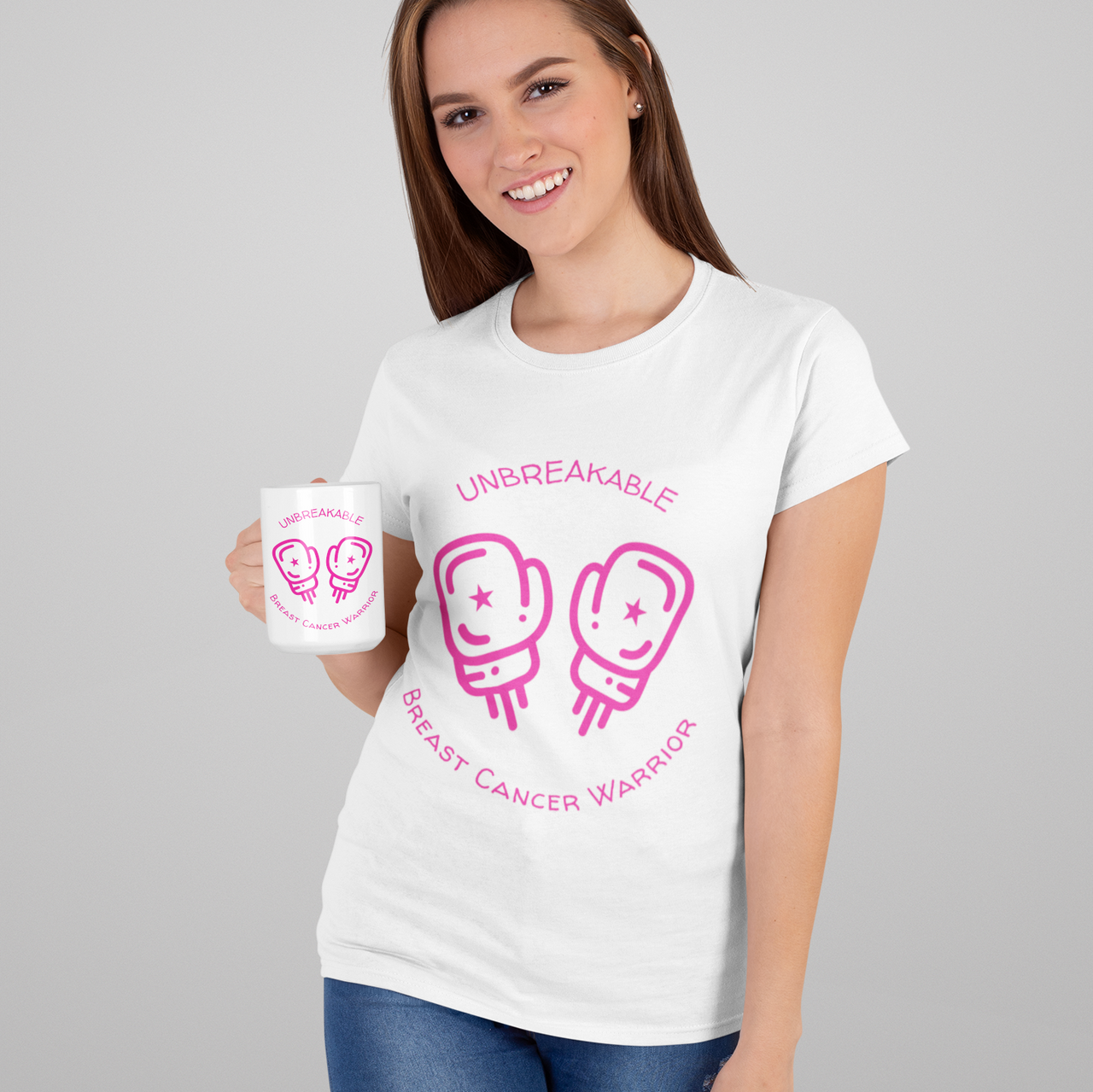 Unbreakable Breast Cancer Survivor Mug 11oz held by a female model