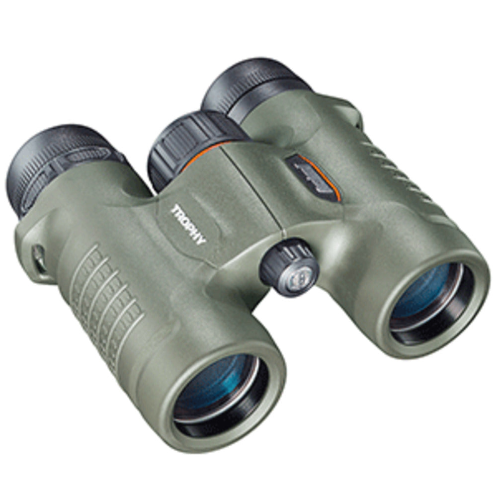 A pair of Bushnell Trophy Binocular 8 x 32 - Waterproof/Fogproof shown in olive green with the words Bushnell and trophy written on the side