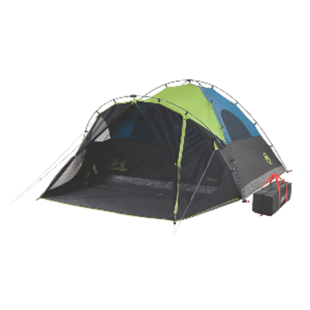 Coleman 6-Person Fast Pitch Dome Tent w/Darkroom shown in lime green blue and black with included carrying bag