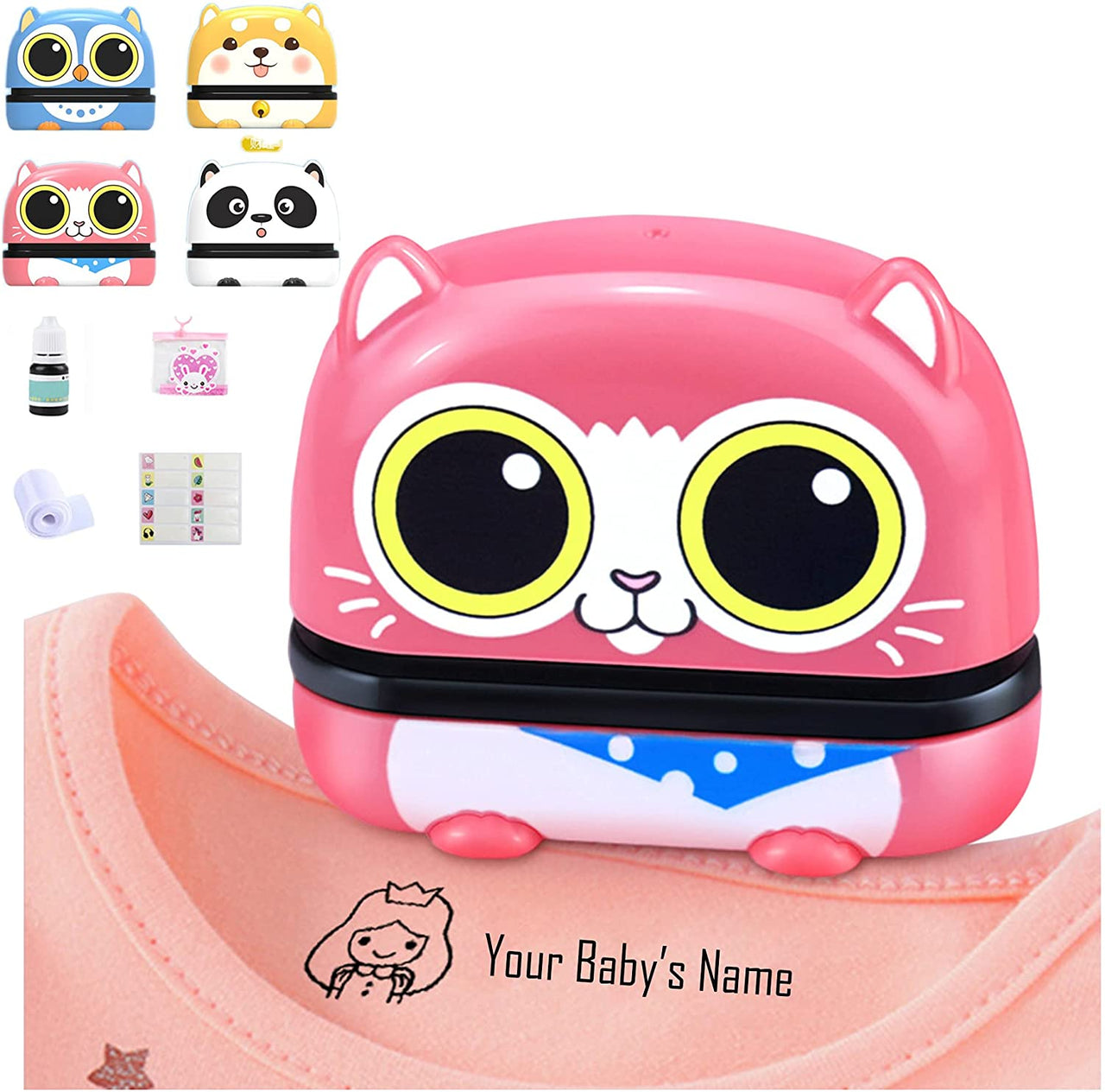 Cute Cartoon Children's Custom Name Stamper shown with a shirt below that the tag reads Your babys name here