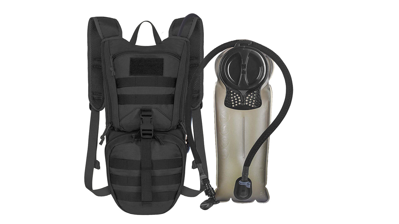 A black Low Profile Tactical Hydration Backpack with molle webbing and a tan water bladder sitting next to it