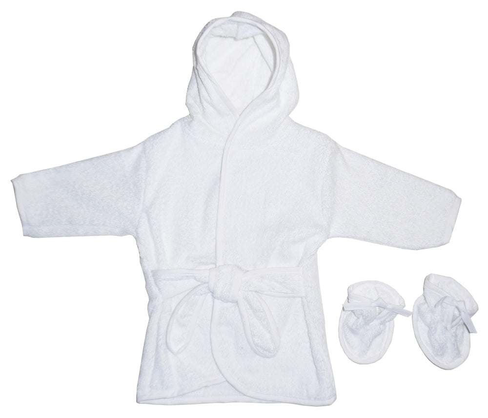 A white 80/20 Bambini Terry Cloth Robe shown sitting on a table with included white terry cloth socks