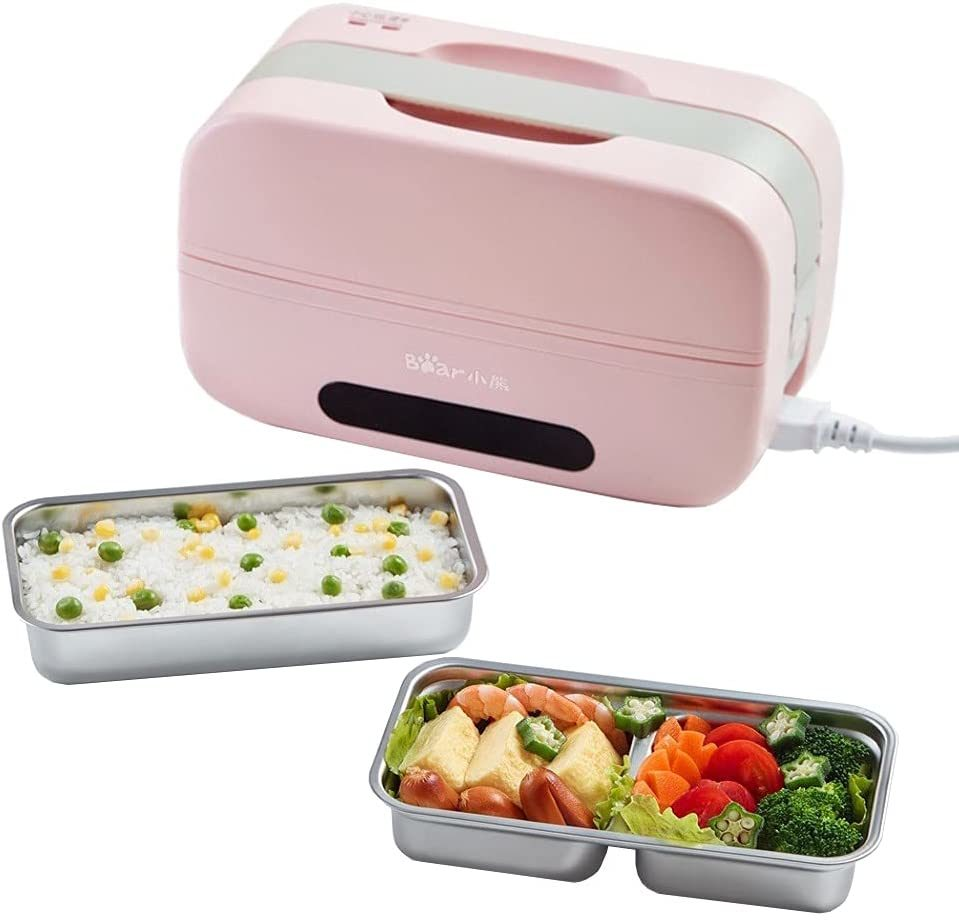 Pink Self Heating lunch box with two metal trays filled with rice and veggies