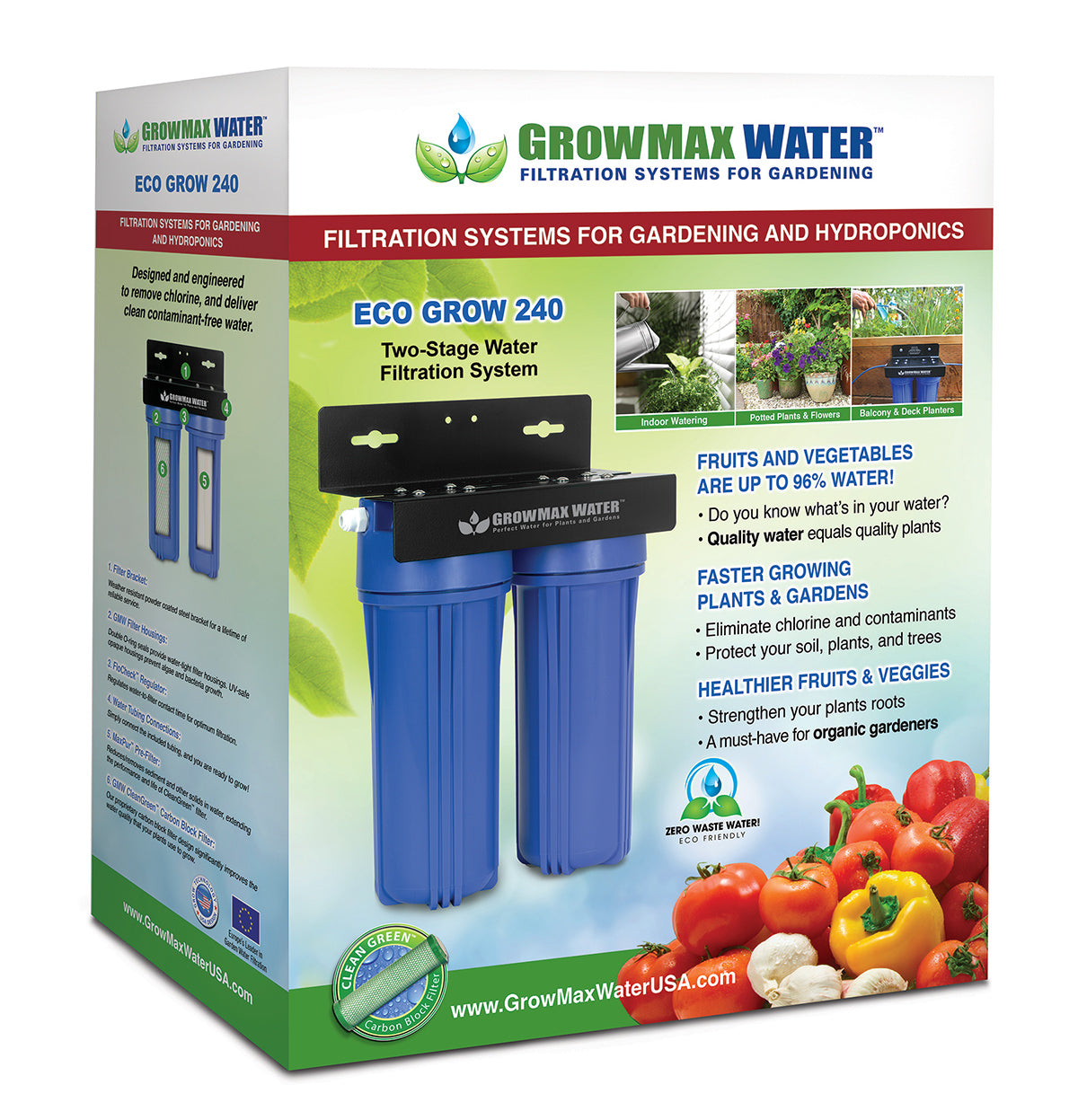 A Growmax Water filtration system box with the ECO GROW 240 filter system shown on the front in blue