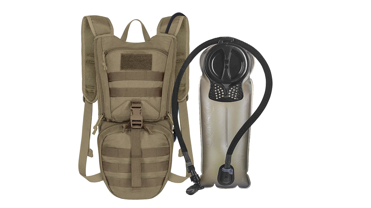 A Low Profile Tactical Hydration Backpack in tan shows tan and black bladder and Tan Carrier with molle webbing on it