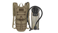 Thumbnail for A Low Profile Tactical Hydration Backpack in tan shows tan and black bladder and Tan Carrier with molle webbing on it