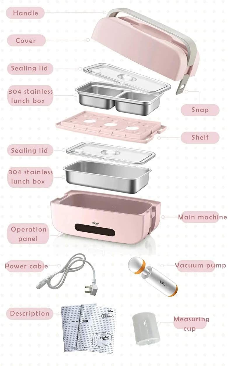 Pink Self heating lunch box in exploded view showing all inner workings and parts of itself