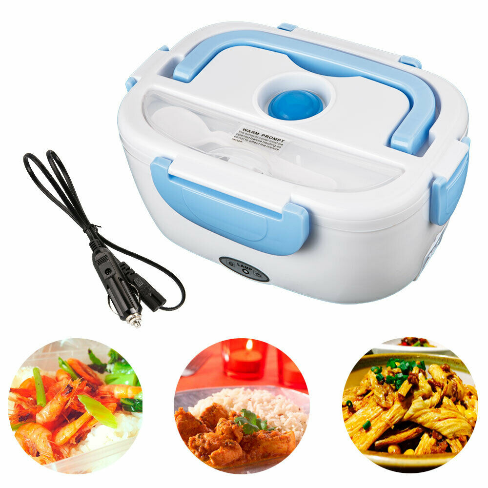 Shows the charger and the Portable Electric Heated Lunch Box Food Warmer and all the foods it can warm up