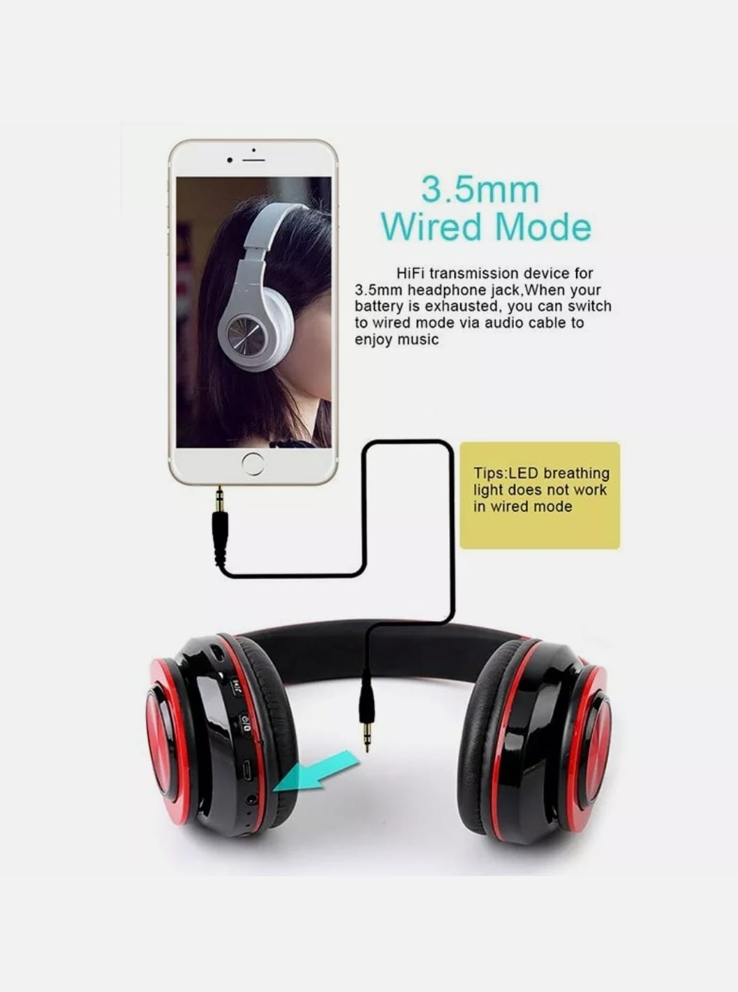 Shows off 3.5 mm wired mode and has female model wearing some Ninja Dragon Z10 Color Changing Bluetooth Headphones on a cell phone