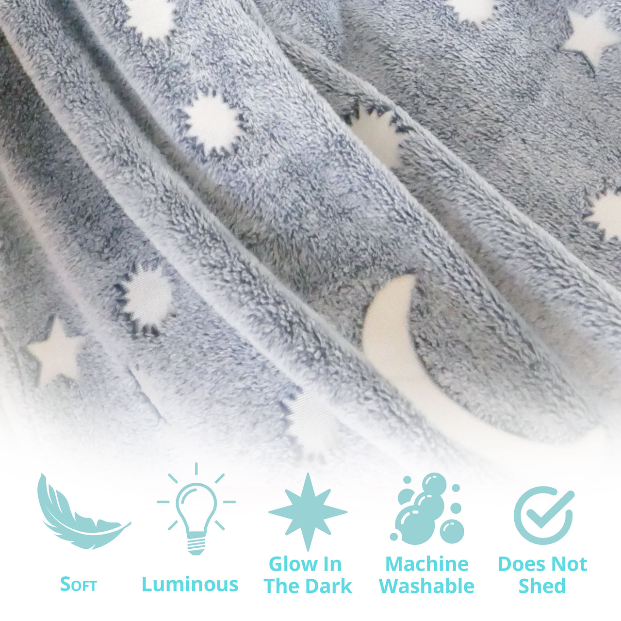 Shows the different specs of the Microfiber Glow in the Dark Blanket & Pillow Set soft luminous glow in the dark machine washable and non shedding