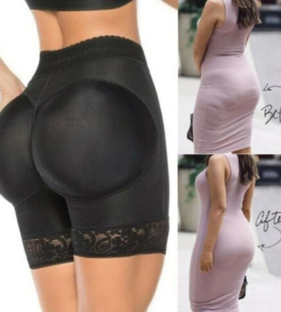 Shows off how the Premium Padded Butt Lifter Body Shaper looks underneath clothes worn by a female model