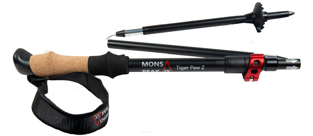 Shows the Mons Peak IX Tiger Paw Z Trekking Poles (Z-135) folded up in storage mode