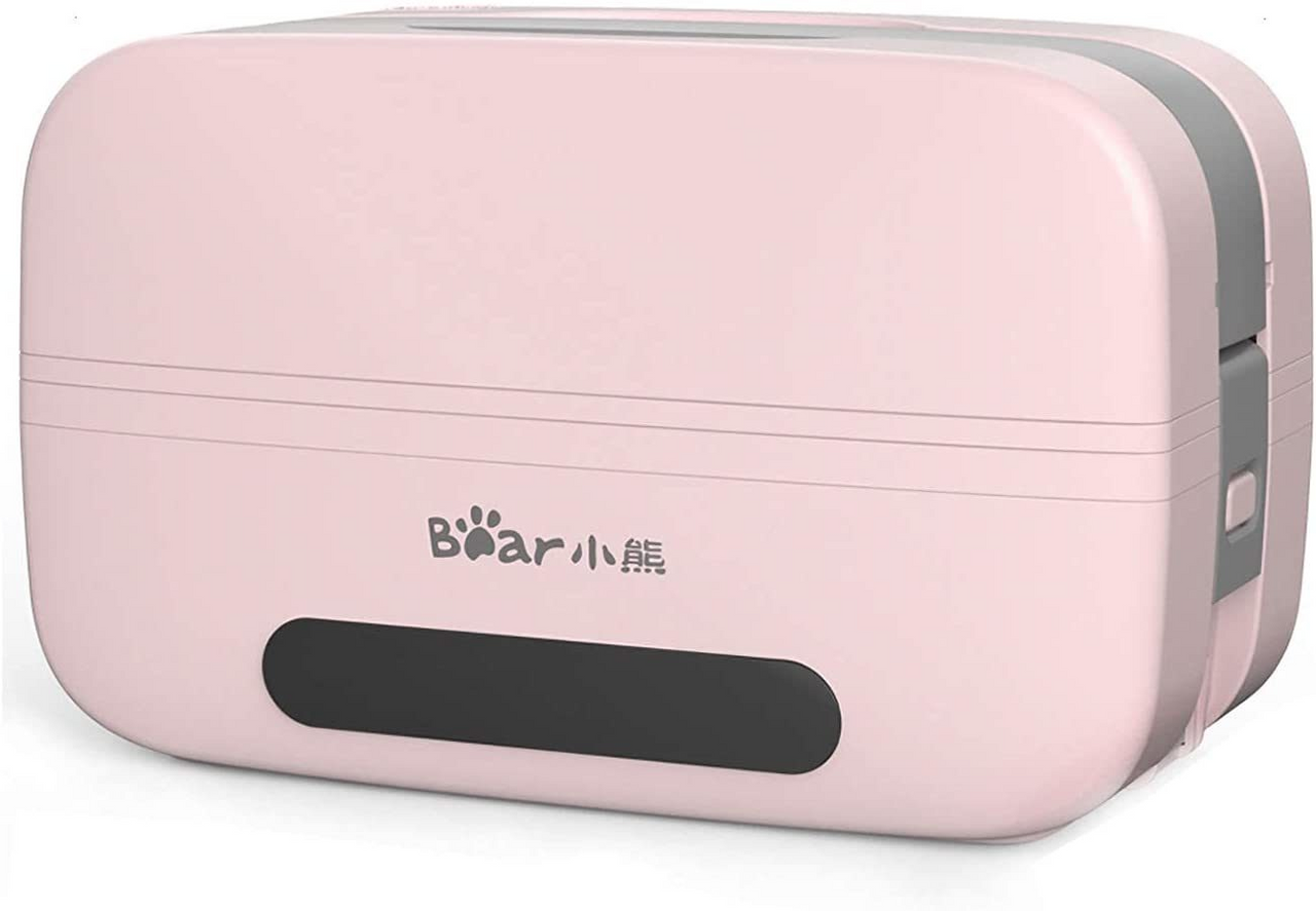 Pink Self Heating Lunch box with gray trim and the word Boar on the front