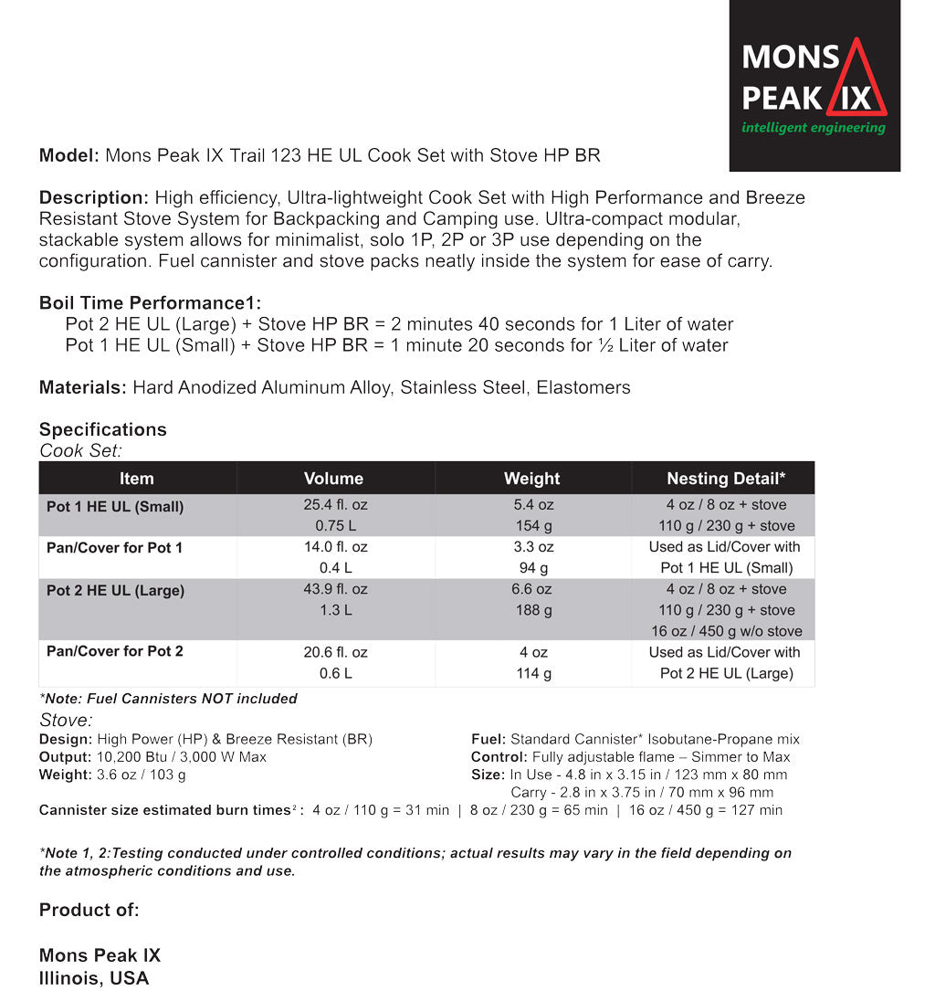 Shows the specs for the Mons Peak IX Trail 123 HE UL Cook Set with Stove