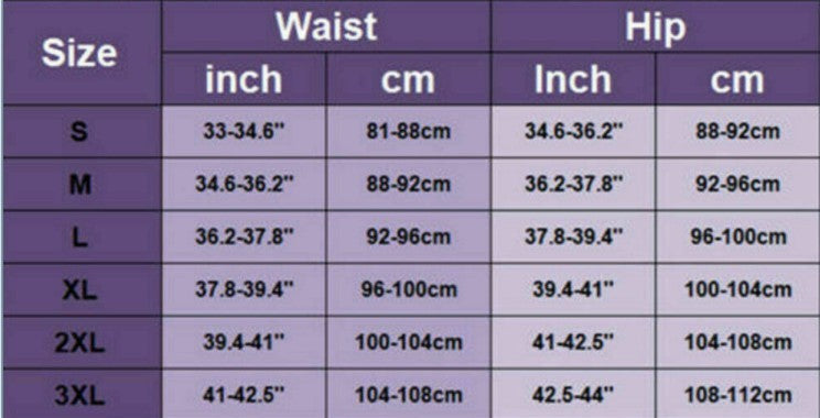 Sizing chart for Premium Padded Butt Lifter Body Shaper