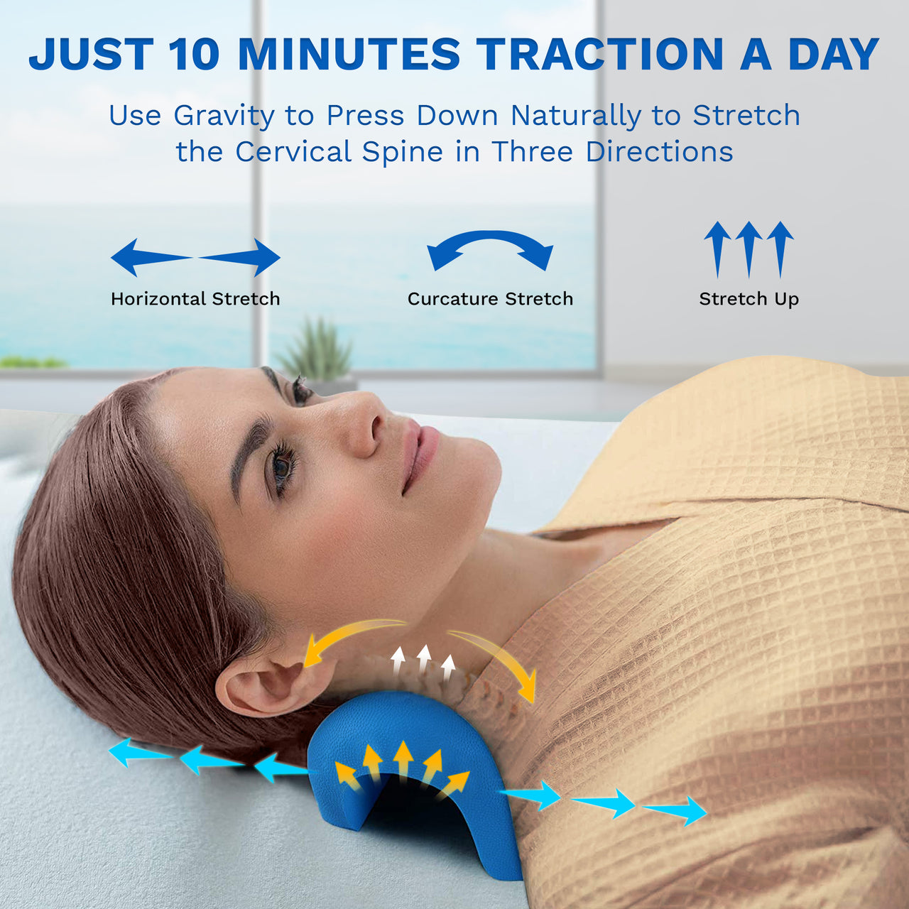 Female model laying down using the Cervical Neck Stretcher Traction Pillow and various benefits of the pillow listed above