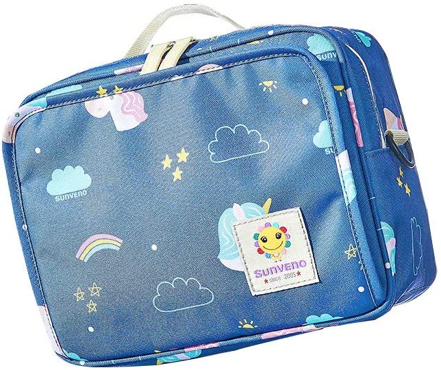 A Nappy Waterproof Diaper Changing Bag shown in jean blue with decoration on it clouds and rainbows