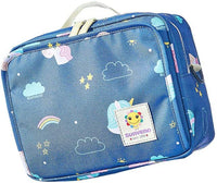 Thumbnail for A Nappy Waterproof Diaper Changing Bag shown in jean blue with decoration on it clouds and rainbows