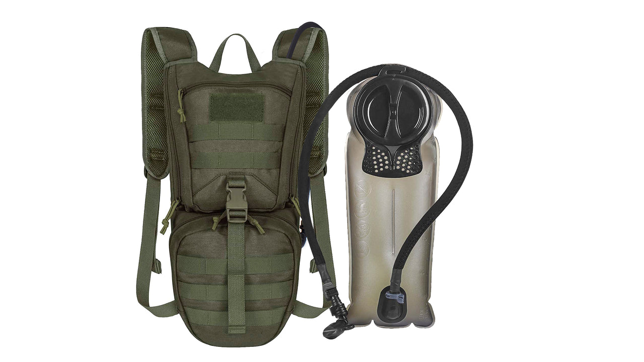 A olive green Low Profile Tactical Hydration Backpack with molle webbing and a tan bladder sitting next to it