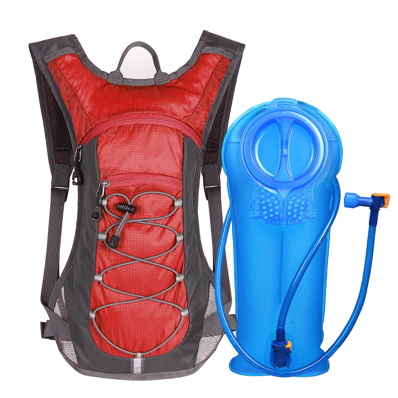 Crossfit/Hiking Hydration Pack w/ 2L Water Bladder shown with carrier being red and bladder being blue in color