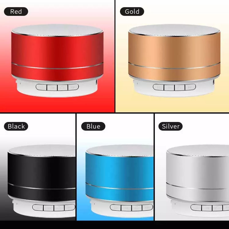 Shows the Mini Portable Bluetooth Speaker w/ USB/SD Card Slot in various colors and trim red and silver gold and silver black and silver blue and silver and silver and silver