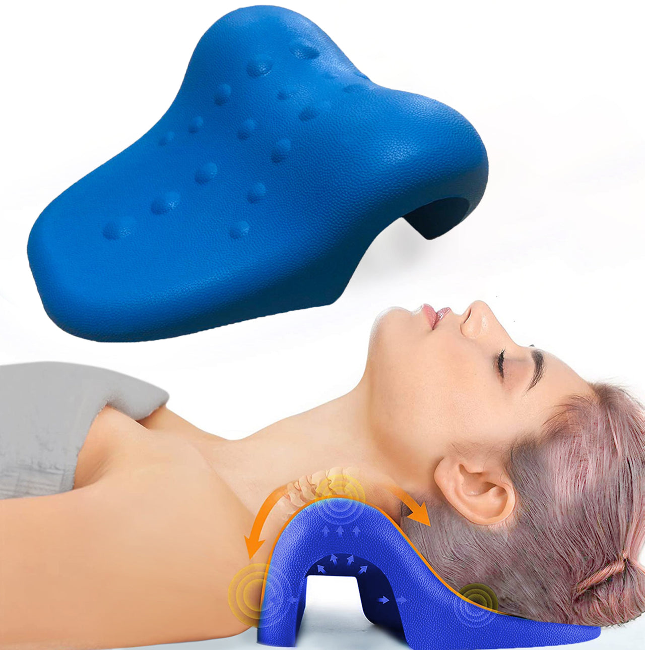 Female model laying down using Cervical Neck Stretcher Traction Pillow