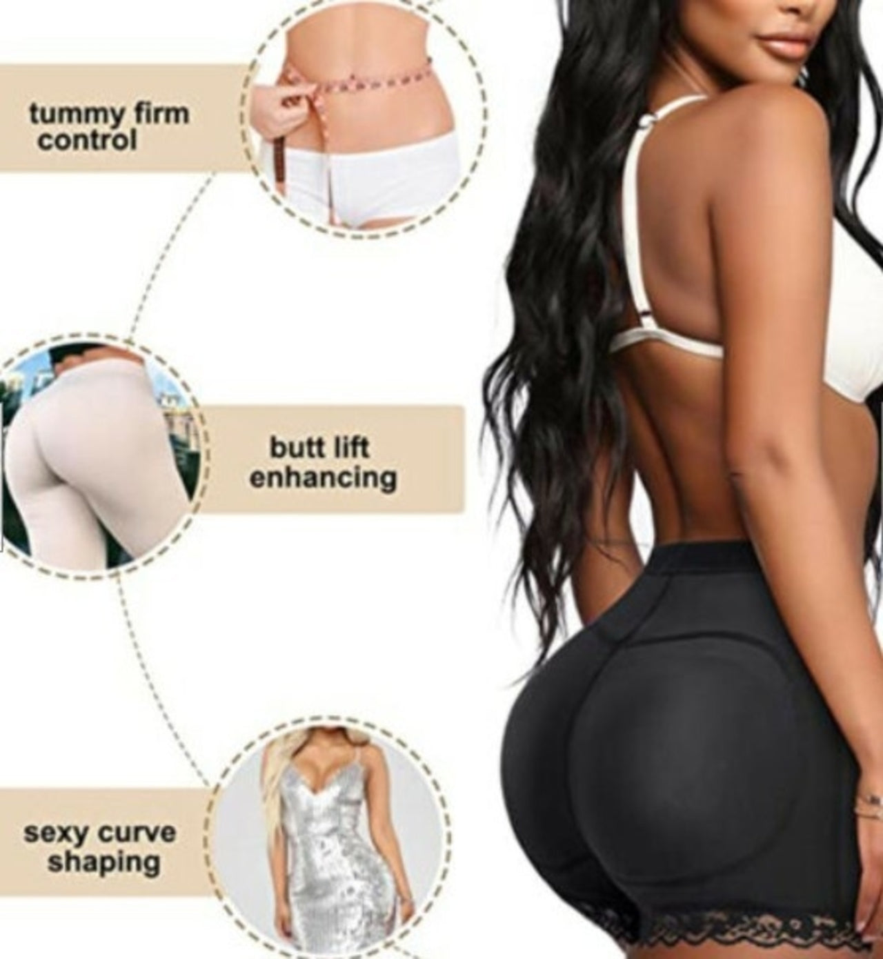 Shows off various features of the Premium Padded Butt Lifter Body Shaper worn by a female model in black